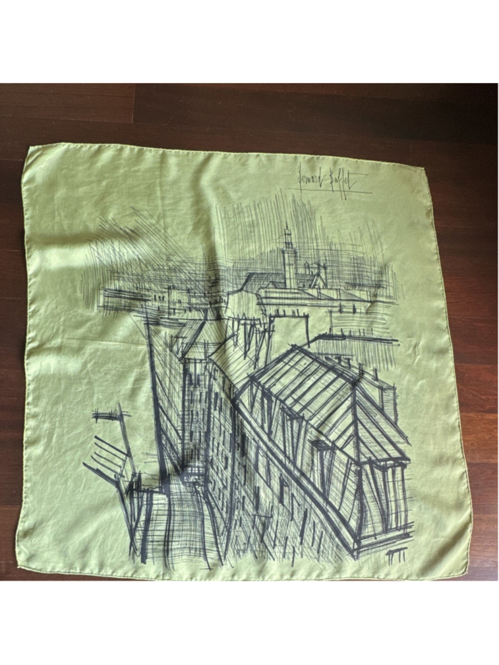 Vintage Bernard Buffet Signed Silk Scarf Paris Cityscape French Expressionist.